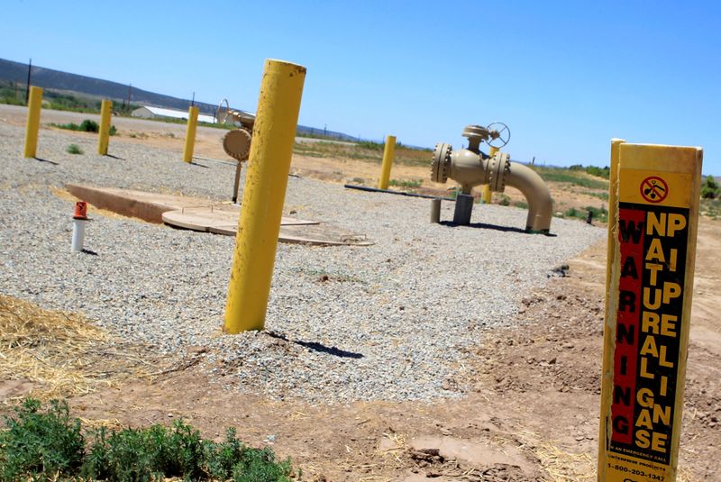 &copy; Reuters. FILE PHOTO: A natural gas piping is seen as a sign warns of underground natural gas pipelines outside Rifle, Colorado, June 6, 2012.  REUTERS/George Frey/File Photo