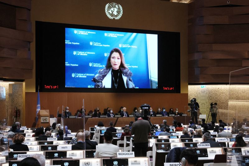 &copy; Reuters. أمينة جباروف النائبة الأولى لوزير الخارجية الأوكراني تتحدث عبر الفيديو امام مجلس حقوق الانسان التابع للأمم المتحدة في جنيف يوم الخميس تصوي