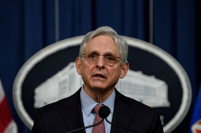 &copy; Reuters. FILE PHOTO: U.S. Attorney General Merrick Garland speaks to the press at the Justice Department after all three defendants were found guilty of federal hate crimes for murder of a young Black man, Ahmaud Arbrey in Washington, DC, U.S., February 22, 2022. 