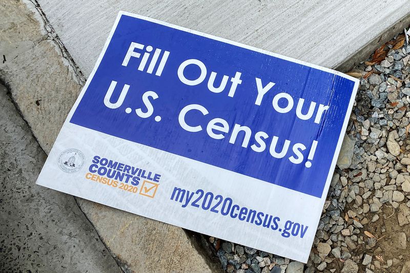 &copy; Reuters. FILE PHOTO: A sign encouraging participation in the U.S. Census lies on a sidewalk in Somerville, Massachusetts, U.S., August 4, 2020.   REUTERS/Brian Snyder/File Photo