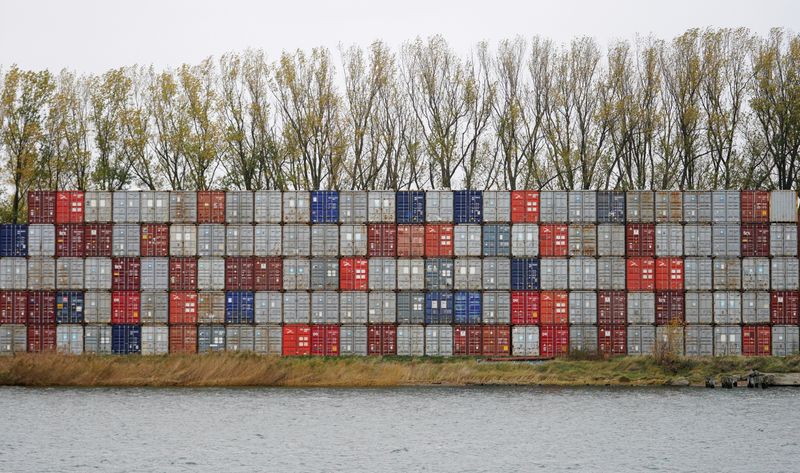 &copy; Reuters. FILE PHOTO: A view shows stacked shipping containers next to trees at a port in the Baltic Sea town of Baltiysk in the Kaliningrad region, Russia October 28, 2021. REUTERS/Vitaly Nevar