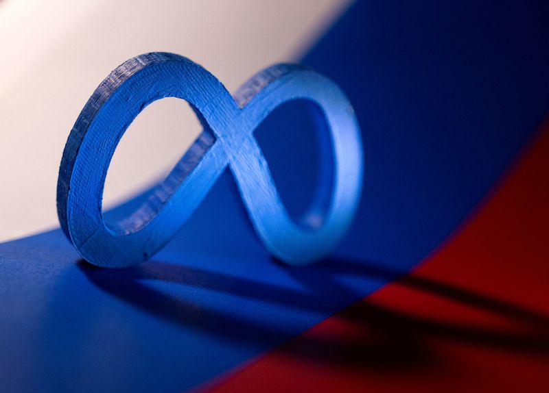 &copy; Reuters. FILE PHOTO: Meta logo is placed on a Russian flag in this illustration taken February 26, 2022. REUTERS/Dado Ruvic/Illustration
