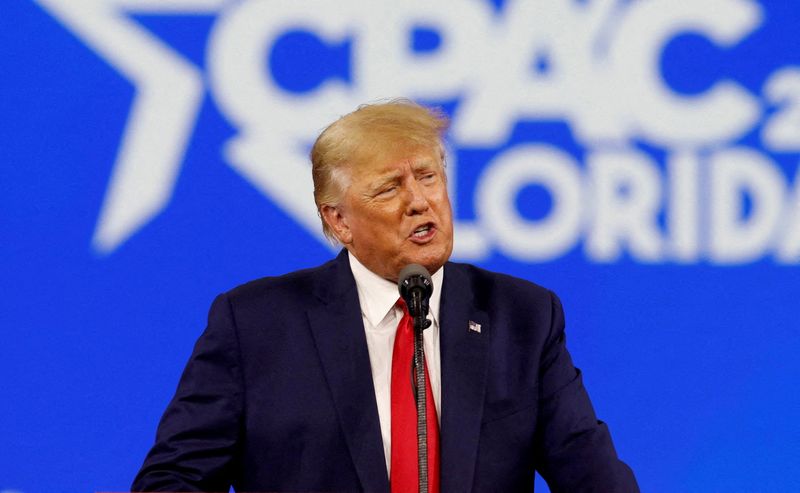 &copy; Reuters. FILE PHOTO: Former U.S. President Donald Trump speaks during the Conservative Political Action Conference (CPAC) in Orlando, Florida, U.S. February 26, 2022. REUTERS/Octavio Jones/File Photo