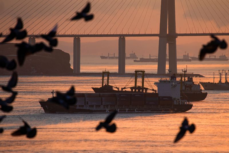 &copy; Reuters. FILE PHOTO: Ships are seen near the Russky Bridge connecting to the Russky Island at a cold day in far-eastern city of Vladivostok, Russia December 26, 2021. REUTERS/Tatiana Meel