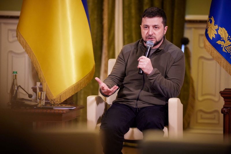 &copy; Reuters. FILE PHOTO: Ukrainian President Volodymyr Zelenskiy speaks during a news conference for foreign media in Kyiv, Ukraine March 12, 2022.  Ukrainian Presidential Press Service/Handout via REUTERS 