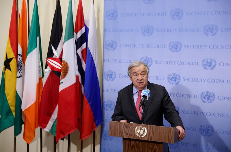 &copy; Reuters. El secretario general de las Naciones Unidas, Antonio Guterres, se dirige a los medios de comunicación en relación con la invasión rusa de Ucrania, en la sede de las Naciones Unidas en Nueva York, Estados Unidos, el 14 de marzo de 2022. REUTERS/Andrew 