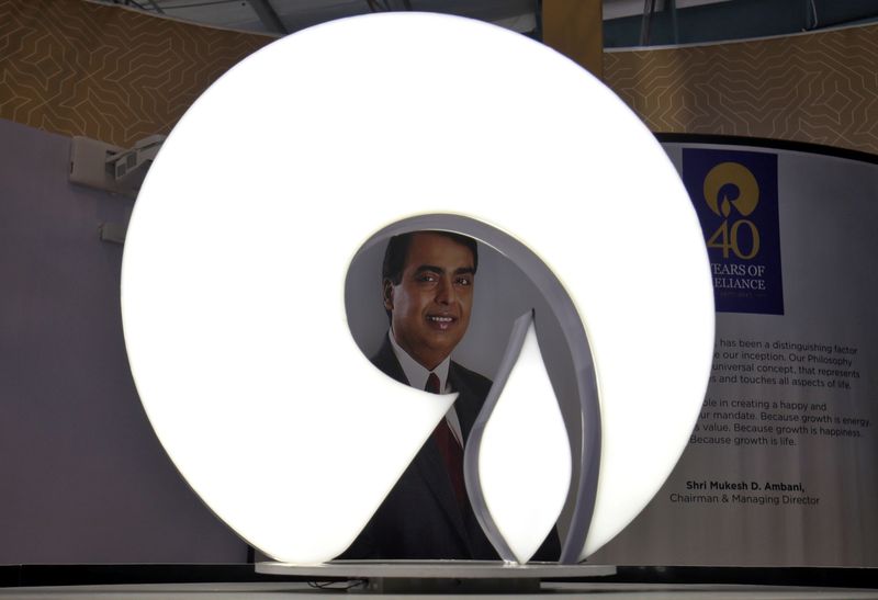 &copy; Reuters. The logo of Reliance Industries is pictured in a stall at the Vibrant Gujarat Global Trade Show at Gandhinagar, India, January 17, 2019. REUTERS/Amit Dave/Files