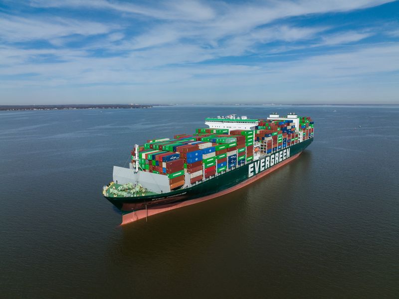 &copy; Reuters. Ever Forward container ship, owned by Evergreen Marine Corp, sits grounded in the Chesapeake Bay off the shore of Maryland, U.S., March 15, 2022. Picture taken with a drone. REUTERS/Julio Cesar Chavez