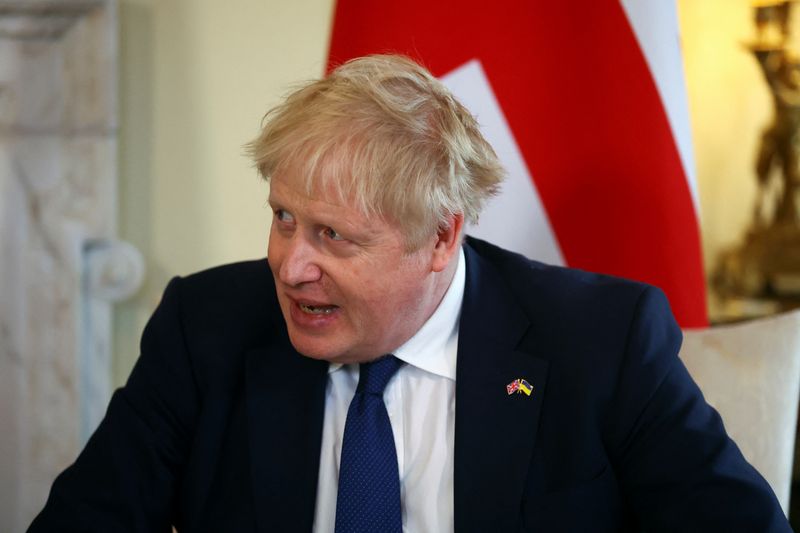 &copy; Reuters. FILE PHOTO: British Prime Minister Boris Johnson speaks with his Latvian counterpart Krisjanis Karins (not pictured) during a meeting at Downing Street, in London, Britain, March 14, 2022. REUTERS/Hannah McKay/Pool