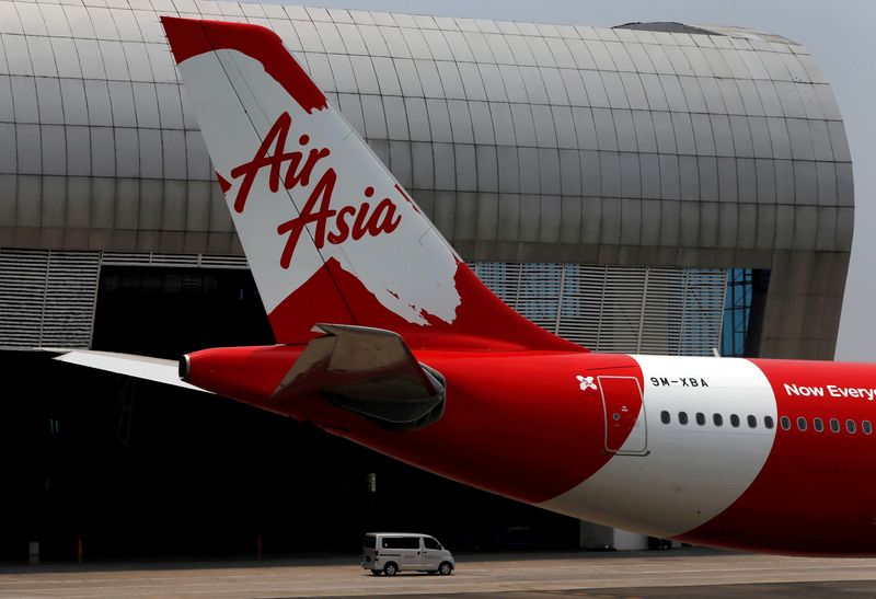 &copy; Reuters. FILE PHOTO: Tail of AirAsia X plane as seen at the Garuda Maintenance Facility AeroAsia in Tangerang, Indonesia, September 20, 2017.  REUTERS/Beawiharta