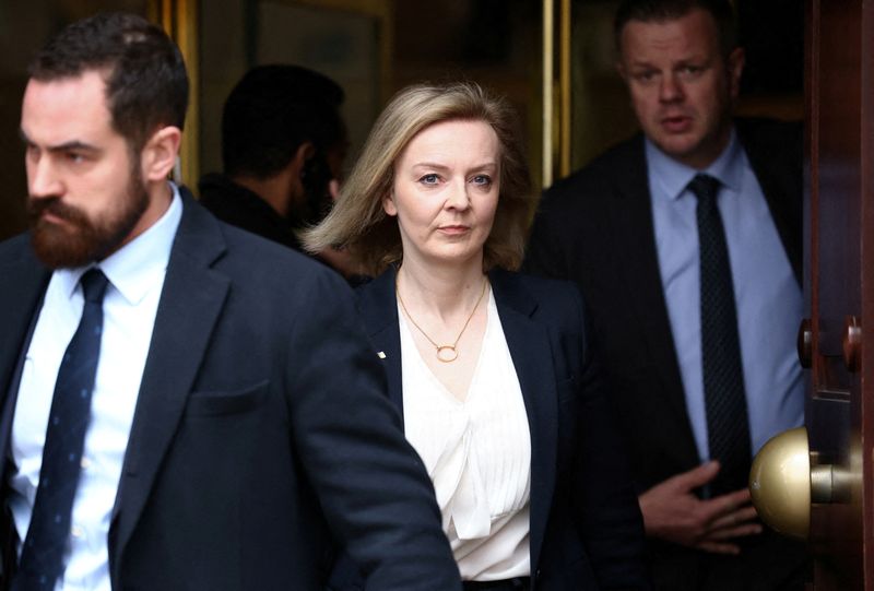 © Reuters. FILE PHOTO: British Foreign Secretary Liz Truss leaves a television studio in central London, Britain, March 16, 2022. REUTERS/Henry Nicholls/File Photo