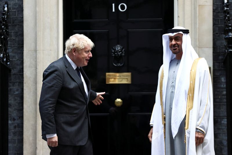 &copy; Reuters. Britain's Prime Minister Boris Johnson welcomes Abu Dhabi's Crown Prince Sheikh Mohammed bin Zayed al-Nahyan as he arrives in Downing Street, London, Britain, September 16, 2021. REUTERS/Hannah McKay