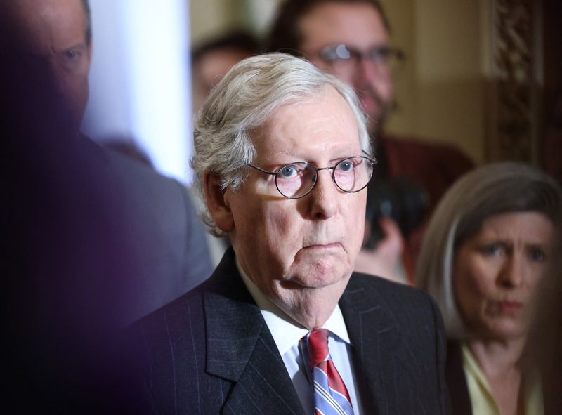 &copy; Reuters. FILE PHOTO: U.S. Senate Minority Leader Mitch McConnell (R-KY) faces reporters following the Senate Republicans weekly policy lunch at the U.S. Capitol in Washington, U.S., March 8, 2022. REUTERS/Evelyn Hockstein