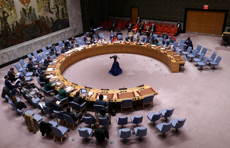 &copy; Reuters. FILE PHOTO: A general view shows the United Nations Security Council meeting on non-proliferation of weapons of mass destruction, amid Russia's invasion of Ukraine, at the United Nations Headquarters in New York City, U.S., March 14, 2022. REUTERS/Andrew 