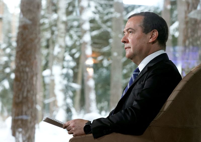 &copy; Reuters. Dmitry Medvedev durante entrevista na residência oficial de Gorki, nos arredores de Moscou
25/01/2022 Sputnik/Yulia Zyryanova/Pool via REUTERS