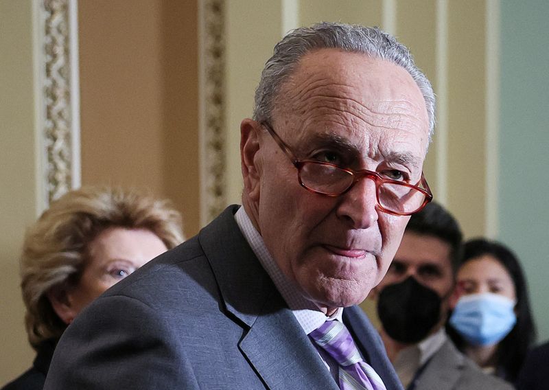 &copy; Reuters. U.S. Senate Majority Leader Chuck Schumer (D-NY) speaks to reporters following the Senate Democrats weekly policy lunch at the U.S. Capitol in Washington, U.S., March 8, 2022. REUTERS/Evelyn Hockstein