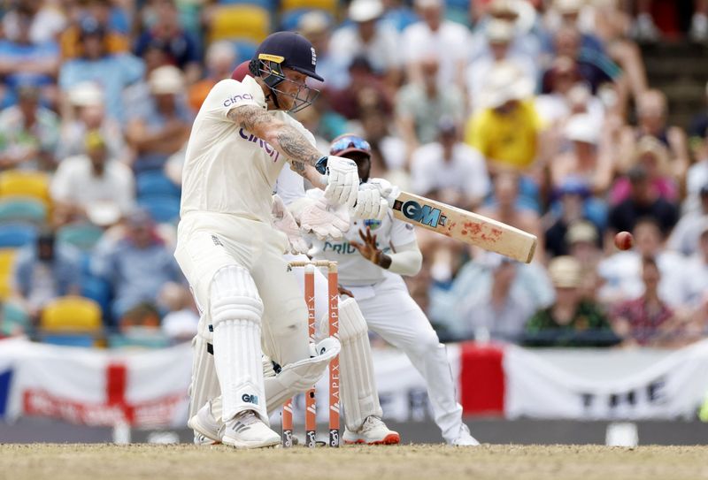 &copy; Reuters. Cricket - Second Test - West Indies v England - The Kensington Oval, Bridgetown, Barbados - March 17, 2022 England's Ben Stokes in action as he hits a shot off the bowling West Indies' Veerasammy Permaul Action Images via Reuters/Jason Cairnduff