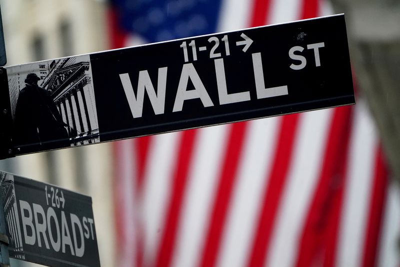 &copy; Reuters. FILE PHOTO: A Wall Street sign outside the New York Stock Exchange in New York City, New York, U.S., October 2, 2020. REUTERS/Carlo Allegri/