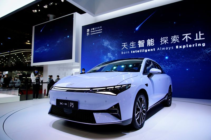 &copy; Reuters. FILE PHOTO: An Xpeng P5 electric vehicle (EV) is seen displayed during a media day for the Auto Shanghai show in Shanghai, China April 19, 2021. REUTERS/Aly Song
