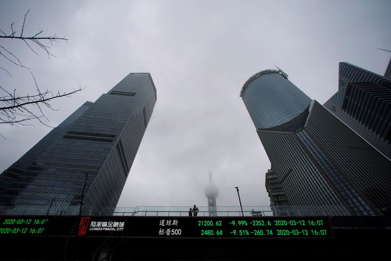 © Reuters. FILE PHOTO: People are seen on a pedestrian overpass with an electronic board showing the Dow Jones and S&P 500 indexes, following an outbreak of the novel coronavirus in the country, at Lujiazui financial district in Shanghai, China March 13, 2020. REUTERS/Aly Song