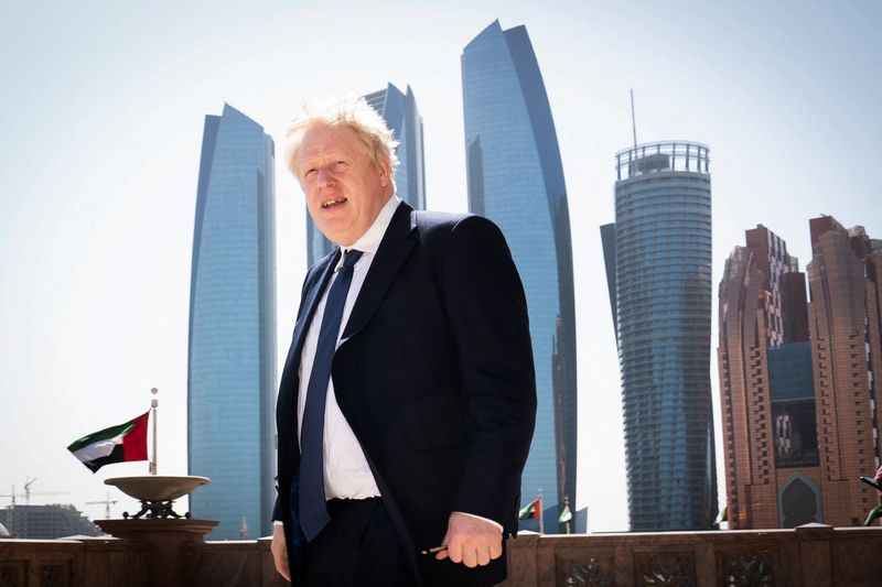 &copy; Reuters. British Prime Minister Boris Johnson arrives for a media interview at the Emirates Palace hotel during his visit to the United Arab Emirates, amid Russia's invasion of Ukraine, in Abu Dhabi, March 16, 2022. Stefan Rousseau/Pool via REUTERS