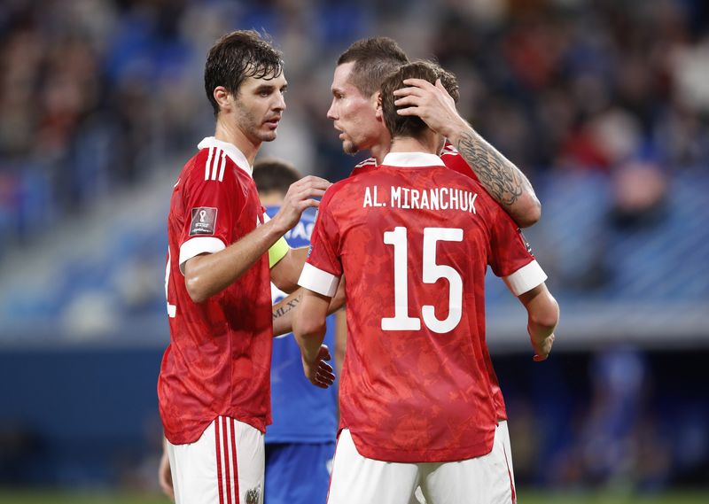 &copy; Reuters. Jogadores da seleção da Rússia durante partida contra o Chipre pelas eliminatórias da Copa do Mundo
11/11/2021 REUTERS/Anton Vaganov