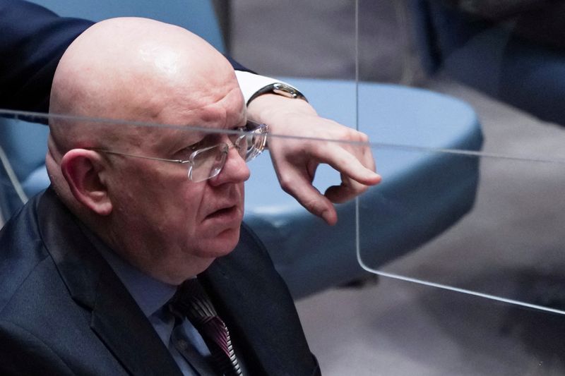 &copy; Reuters. السفير الروسي في الأمم المتحدة فاسيلي نيبينزيا في نيويورك يوم الجمعة. تصوير: ديفيد ديلجادو - رويترز. 