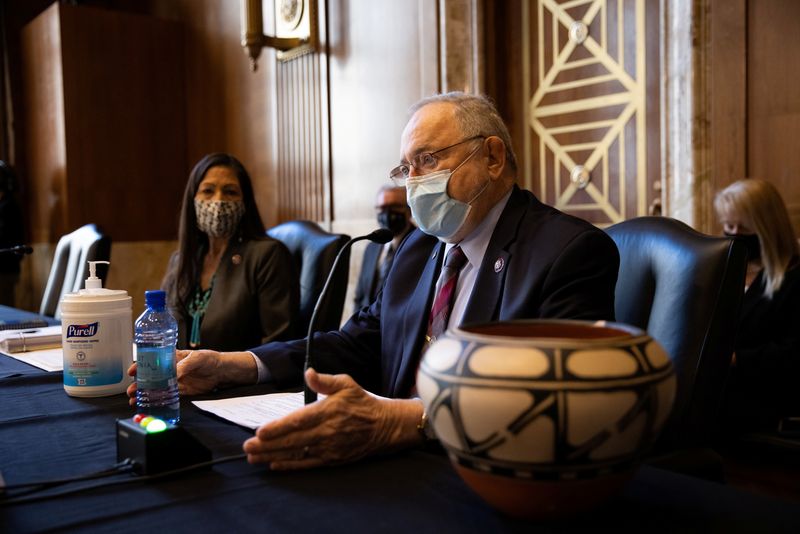 © Reuters. FILE PHOTO: Rep. Don Young, R-AK, speaks during a Senate Committee on Energy and Natural Resources hearing on Rep. Deb Haaland?s D-NM, nomination to be Interior Secretaryon Capitol Hill in Washington, DC, U.S. February 23, 2021.    Graeme Jennings/Pool via REUTERS