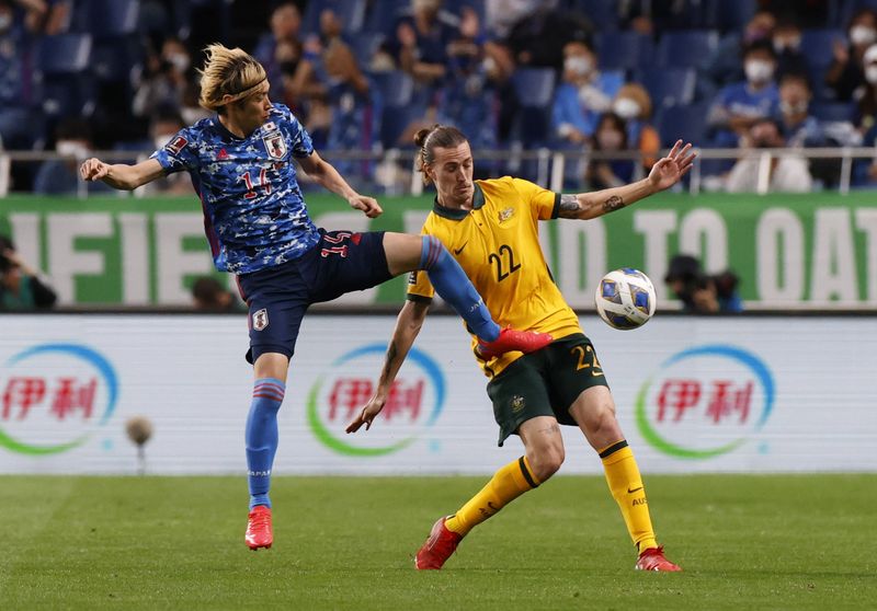 &copy; Reuters. 　オーストラリア・サッカー協会は２０日、日本戦を含む今月末のＷ杯アジア最終予選でクレイグ・グッドウィンとジャクソン・アーバイン（右）が新型コロナウイルスにより欠場を余儀な