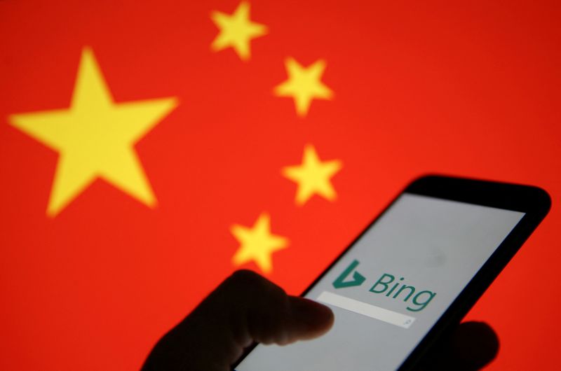 &copy; Reuters. FILE PHOTO: A smartphone with the Microsoft Bing logo is displayed against the backdrop of a Chinese flag in this picture illustration taken January 24, 2019. REUTERS/Dado Ruvic/Illustration/