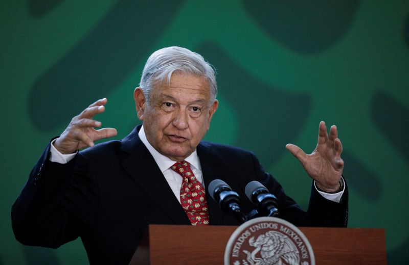 &copy; Reuters. Mexican President Andres Manuel Lopez Obrador speaks at a conference prior to the inauguration of the new Felipe Angeles Airport in Zumpango municipality in Mexico State, Mexico March 21, 2022. REUTERS/Luis Cortes