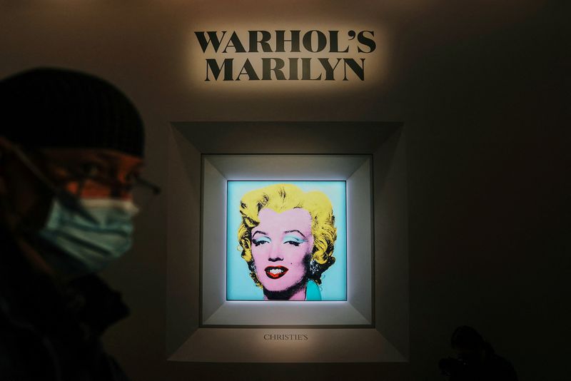 &copy; Reuters. Andy Warhol's "Shot Sage Blue Marilyn", a painting of Marilyn Monroe, is pictured on display at Christie's Auction House in advance of the piece going up for auction in the Manhattan borough of New York City, New York, U.S., March 21, 2022. REUTERS/Carlo 