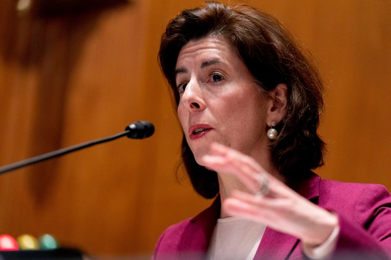 &copy; Reuters. FILE PHOTO: Commerce Secretary Gina Raimondo testifies before a Senate Appropriations Subcommittee on Commerce, Justice, Science, and Related Agencies hearing on Capitol Hill in Washington, D.C., U.S., February 1, 2022. Andrew Harnik/Pool via REUTERS