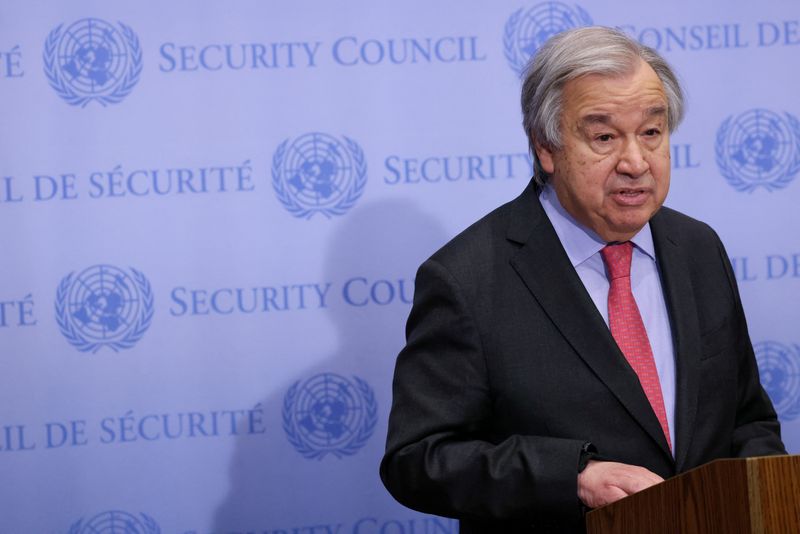 &copy; Reuters. الأمين العام للأمم المتحدة أنطونيو جوتيريش يتحدث للإعلام في نيويورك يوم 14 مارس آذار 2022. تصوير: أندرو كيلي - رويترز