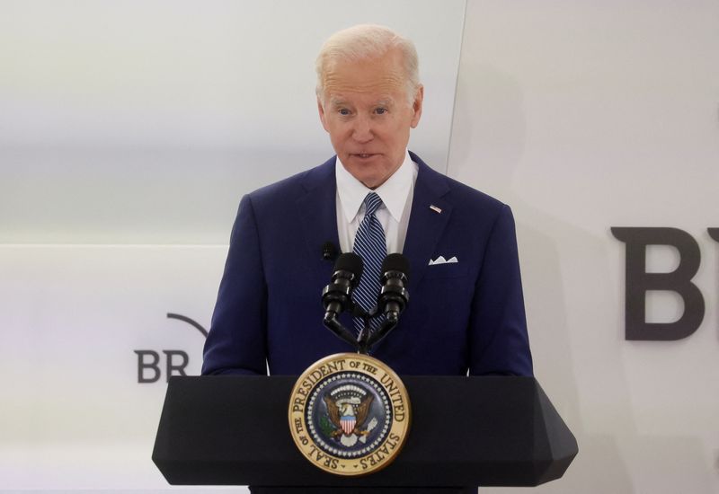 &copy; Reuters. FILE PHOTO: U.S. President Joe Biden discusses the United States' response to Russian invasion of Ukraine and warns CEOs about potential cyber attacks from Russia at Business Roundtable's CEO Quarterly Meeting in Washington, DC, U.S., March 21, 2022. REUT