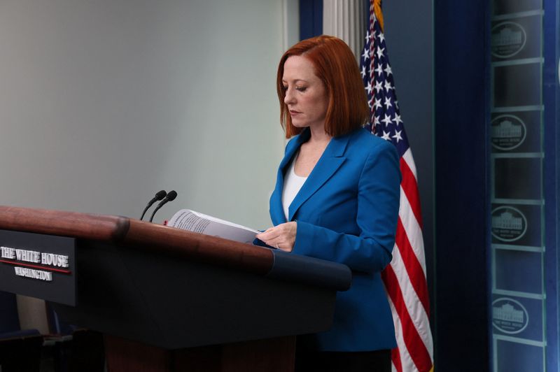 &copy; Reuters. FILE PHOTO: White House Press Secretary Jen Psaki holds a press briefing at the White House, in Washington, D.C., U.S. March 21, 2022. REUTERS/Leah Millis