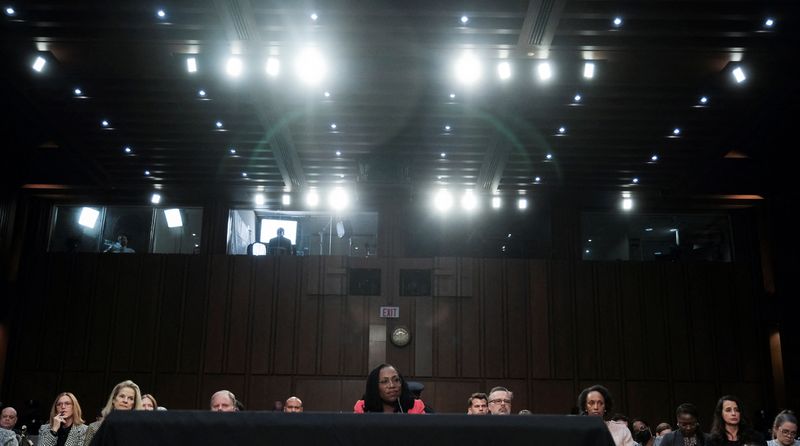 &copy; Reuters. Judge Ketanji Brown Jackson testifies during the U.S. Senate Judiciary Committee's confirmation hearing on her nomination to the U.S. Supreme Court, on Capitol Hill in Washington, U.S., March 22, 2022. REUTERS/Michael A. McCoy