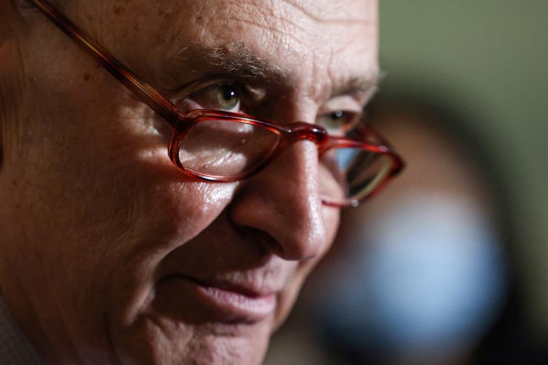 © Reuters. FILE PHOTO: U.S. Senate Majority Leader Chuck Schumer (D-NY) faces reporters following the Senate Democrats weekly policy lunch at the U.S. Capitol in Washington, U.S., March 8, 2022. REUTERS/Evelyn Hockstein/File Photo