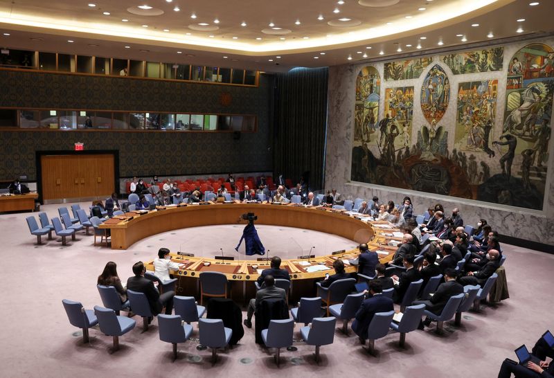 &copy; Reuters. FILE PHOTO: A general view of a United Nations Security Council meeting, amid Russia's invasion of Ukraine, at the United Nations Headquarters in New York City, New York, U.S., March 18, 2022. REUTERS/Brendan McDermid