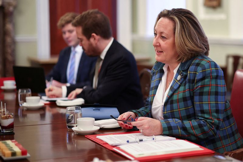 © Reuters. FILE PHOTO: British International Trade Secretary Anne-Marie Trevelyan talks as she meets U.S. Trade Representative Katherine Tai during a G7 trade summit at Mansion House, in London, Britain October 22, 2021. REUTERS/Henry Nicholls/Pool/File Photo