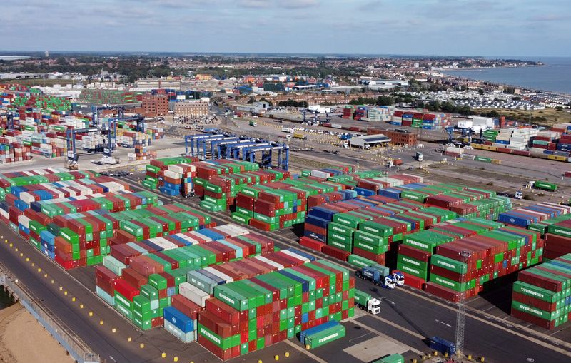 &copy; Reuters. A view shows stacked shipping containers at the port of Felixstowe, Britain, October 13, 2021. Picture taken with a drone. REUTERS/Hannah McKay