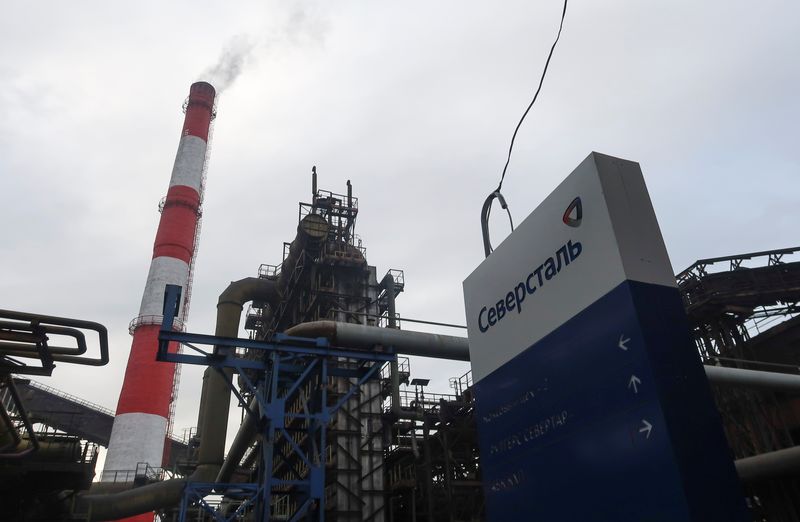 &copy; Reuters. FILE PHOTO: A sign with the logo of steelmaker Severstal is on display at the company's plant in Cherepovets, Russia October 22, 2018. Picture taken October 22, 2018. REUTERS/Polina Ivanova