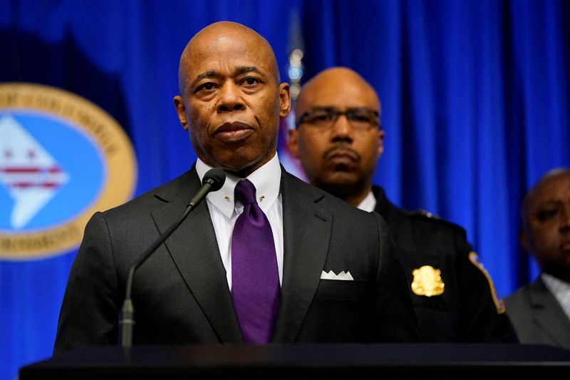 &copy; Reuters. FILE PHOTO: New York City Mayor Eric Adams speaks during a news conference about recent shootings of homeless people in both New York and Washington, at the John A. Wilson Building in Washington, U.S., March 14, 2022. REUTERS/Elizabeth Frantz