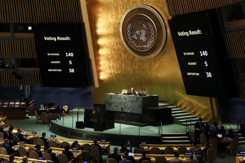 &copy; Reuters. ３月２４日、国連総会は２４日、ウクライナなどが作成した民間人の保護など人道状況の改善に向けた決議案の採決を行い、賛成多数で採択した。１９３加盟国のうち１４０カ国が賛成する