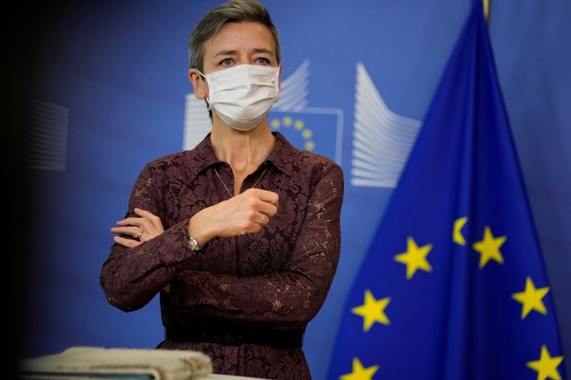 &copy; Reuters. FILE PHOTO: Margrethe Vestager, European Commissioner for Europe fit for the Digital Age speaks during a signature ceremony regarding the Chips Act at EU headquarters in Brussels, Belgium, February 8, 2022. Virginia Mayo/Pool via REUTERS