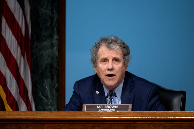 &copy; Reuters. FILE PHOTO: Chairman Senator Sherrod Brown (D-OH) speaks during a Senate Banking, Housing and Urban Affairs Committee confirmation hearing on Capitol Hill in Washington, D.C., U.S. February 3, 2022. Bill Clark/Pool via REUTERS