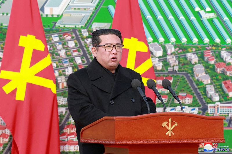 &copy; Reuters. FILE PHOTO: North Korean leader Kim Jong Un speaks during the ground-breaking ceremony for construction of Ryonpho Greenhouse Farm Held in Ryonpho area of Hamju County, South Hamgyong Province of the DPRK, North Korea in this photo released on February 18