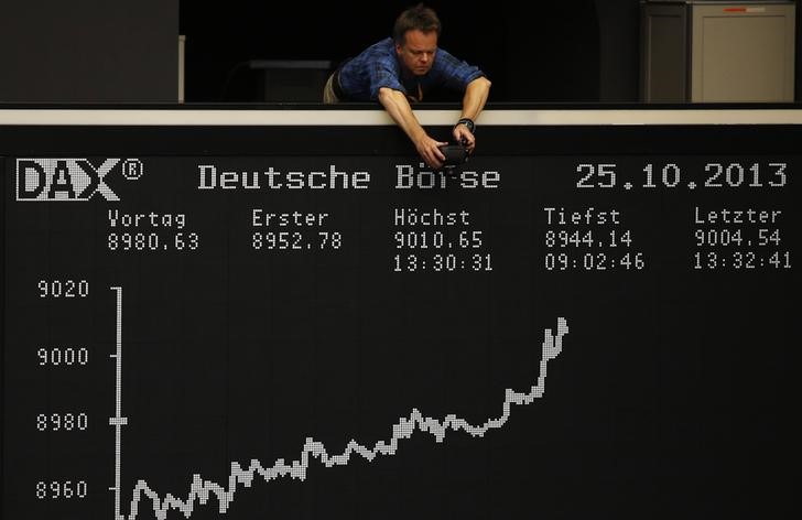 &copy; Reuters. A photographer takes a picture of the German share price index DAX board showing a new all-time high of over 9000 points at the stock exchange in Frankfurt, October 25, 2013.  REUTERS/Kai Pfaffenbach (GERMANY - Tags: BUSINESS)