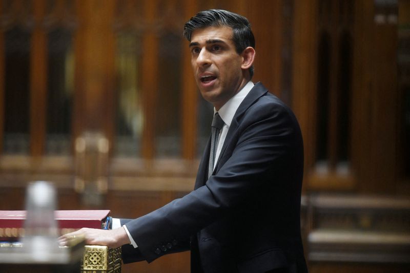 &copy; Reuters. FILE PHOTO: British Chancellor of the Exchequer Rishi Sunak speaks at a statement on the economic update session, at the House of Commons in London, Britain March 23, 2022. UK Parliament/Jessica Taylor/Handout via REUTERS