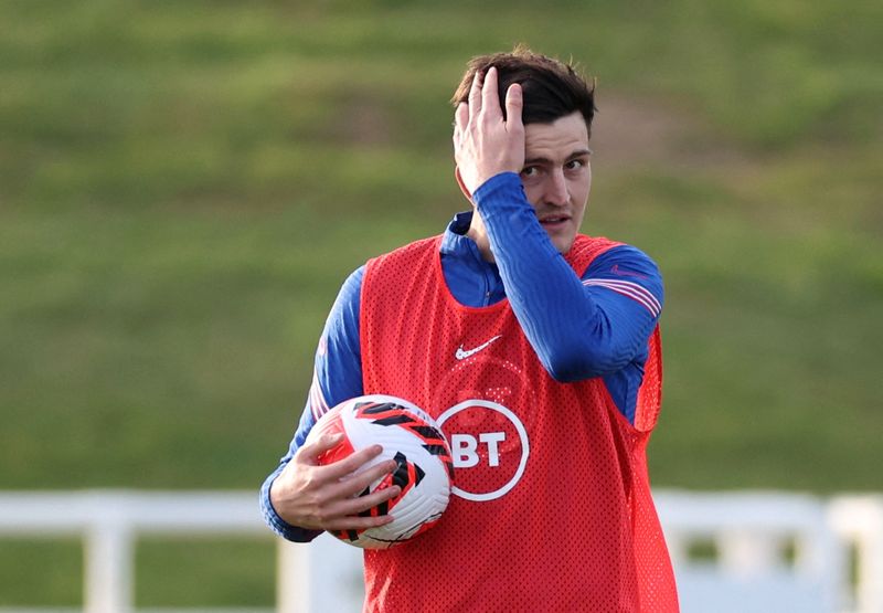 &copy; Reuters. FILE PHOTO: Soccer Football - England Training - St George's Park, Burton upon Trent, Britain - March 22, 2022 England's Harry Maguire during training Action Images via Reuters/Carl Recine